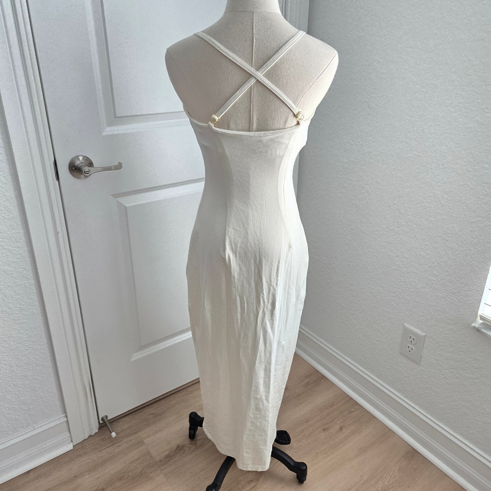 AYM Studio Bamboo Cotton Cross Back Midi Dress Off White Cream V-Neck Size M - Picture 2 of 9